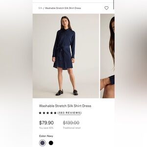 Quince Navy Washable Stretch Silk Shirt Dress